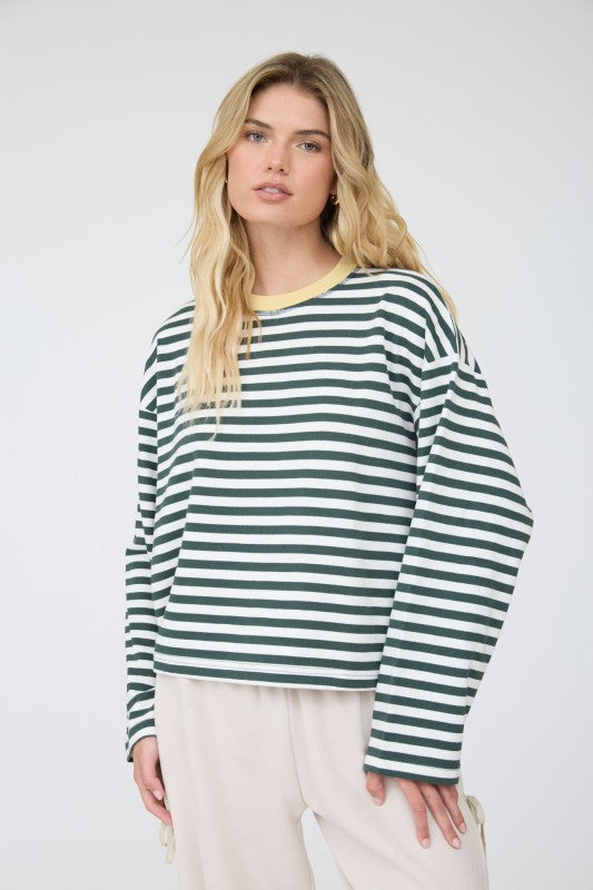 Striped Contrast Trim Boxy Knit Top | Hunter Green