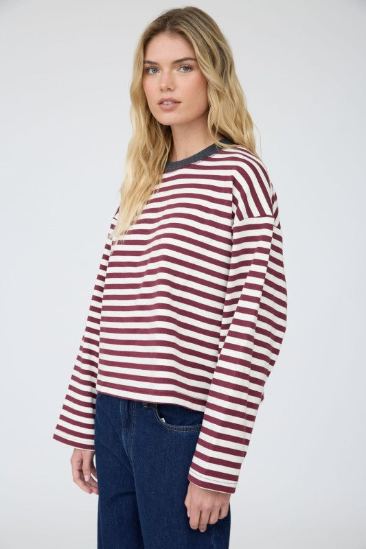 Striped Contrast Trim Boxy Knit Top | Wine