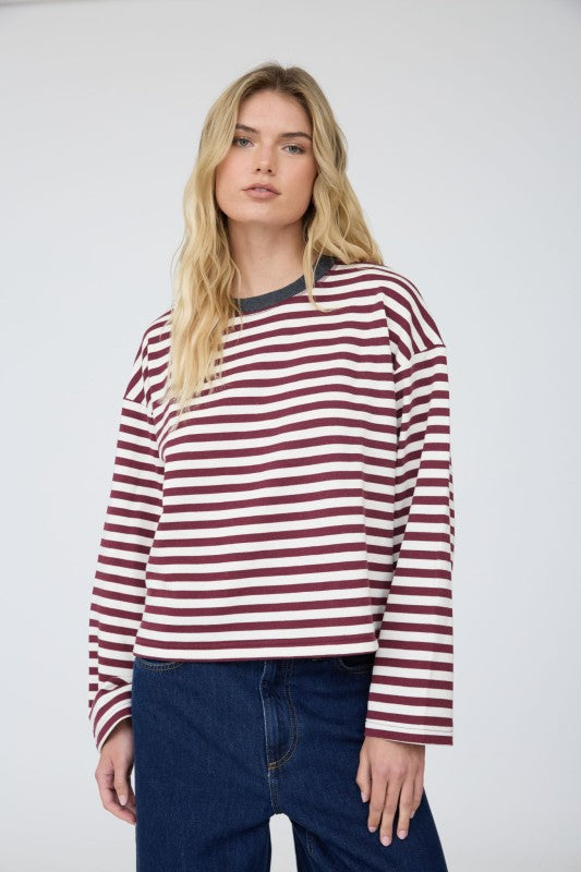 Striped Contrast Trim Boxy Knit Top | Wine