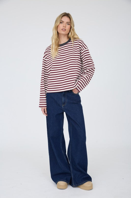 Striped Contrast Trim Boxy Knit Top | Wine