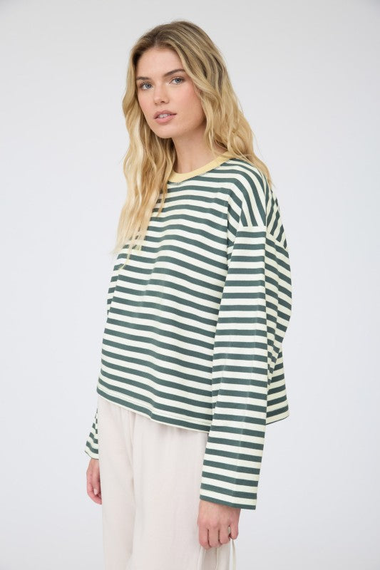 Striped Contrast Trim Boxy Knit Top | Hunter Green