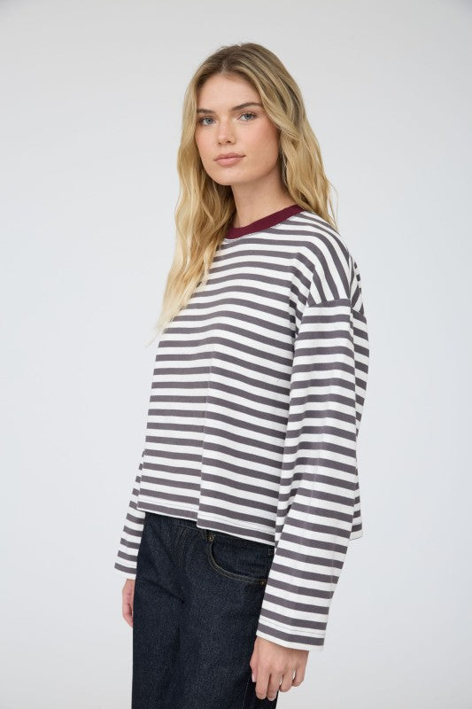 Striped Contrast Trim Boxy Knit Top | Charcoal