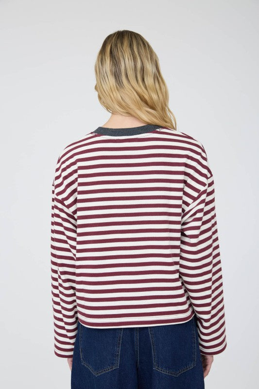 Striped Contrast Trim Boxy Knit Top | Wine