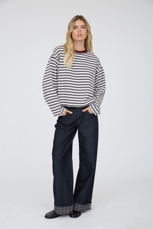 Striped Contrast Trim Boxy Knit Top | Charcoal