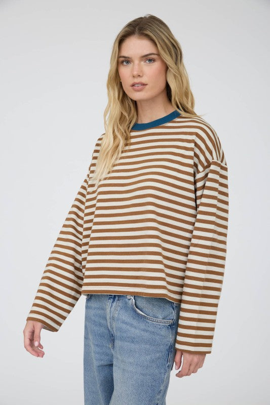 Striped Contrast Trim Boxy Knit Top | Mocha