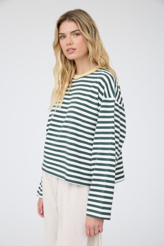 Striped Contrast Trim Boxy Knit Top | Hunter Green