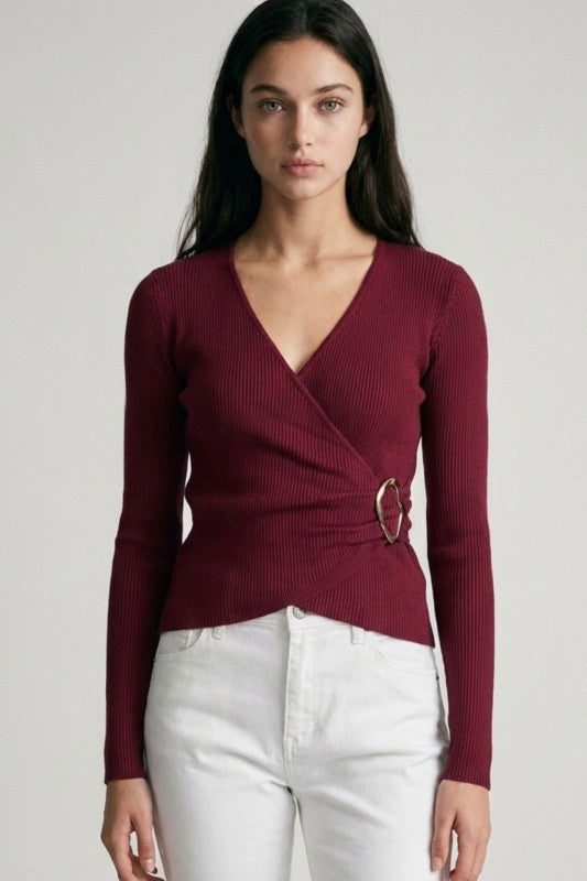 Ribbed Crossover Wrap Front Knit Top | Wine