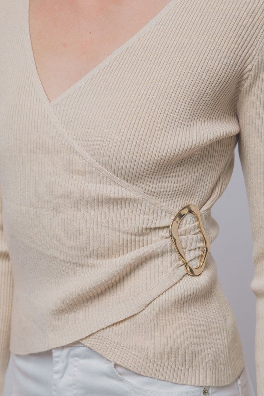 Ribbed Crossover Wrap Front Knit Top | Oatmeal