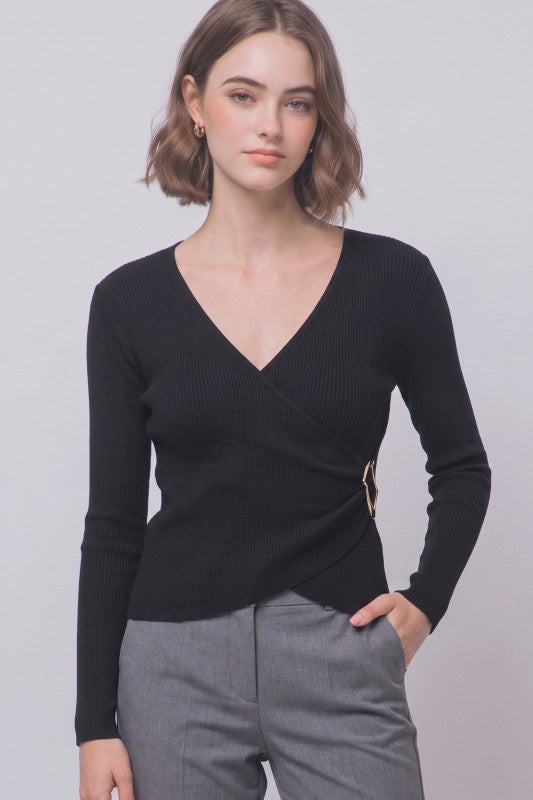 Ribbed Crossover Wrap Front Knit Top | Black