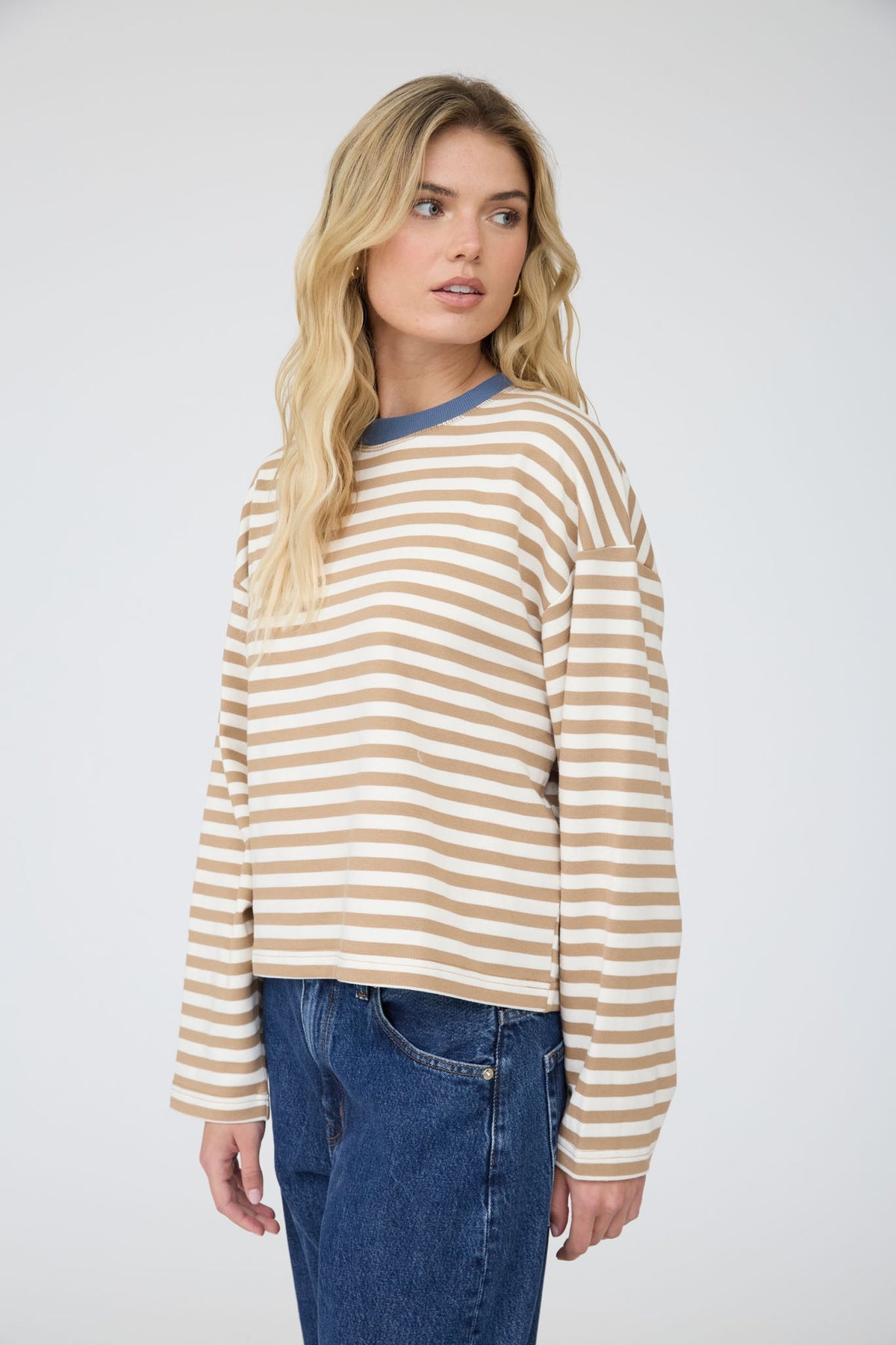 Striped Contrast Trim Boxy Knit Top | Tan
