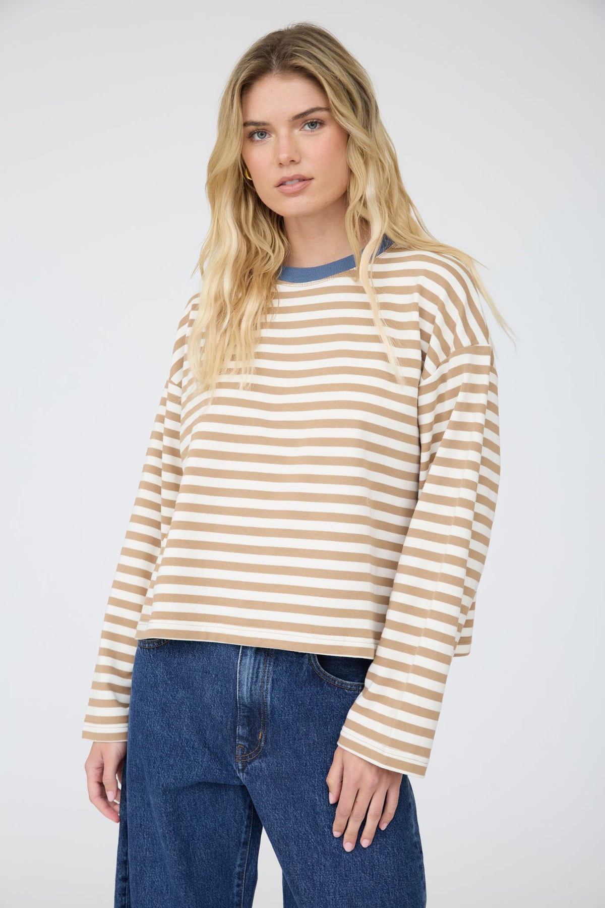 Striped Contrast Trim Boxy Knit Top | Tan