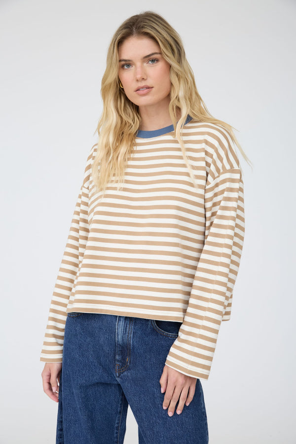 Striped Contrast Trim Boxy Knit Top | Tan