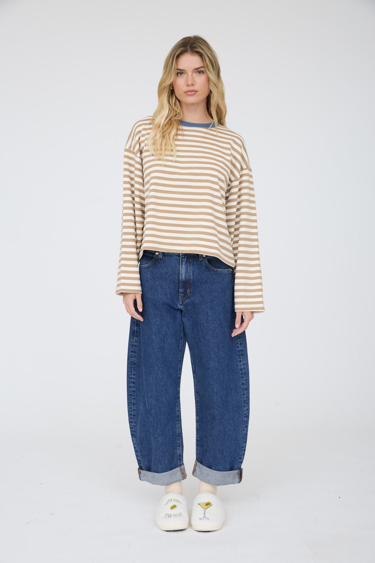 Striped Contrast Trim Boxy Knit Top | Tan