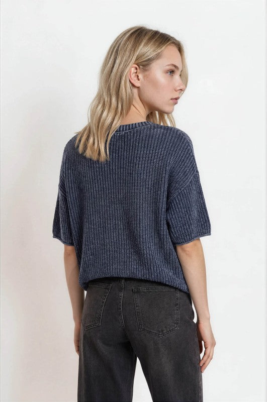 Washed Raw Edge Short Sleeve Sweater Top | Navy