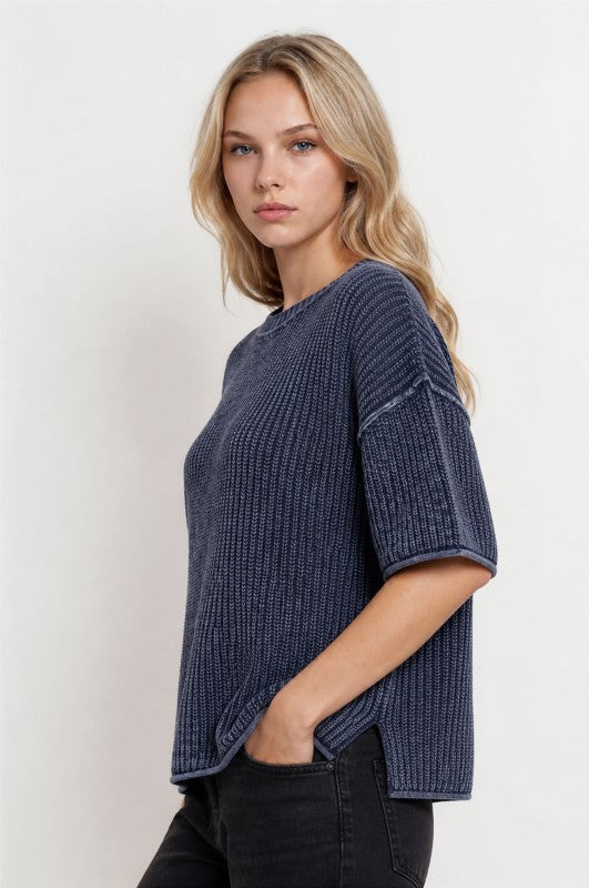Washed Raw Edge Short Sleeve Sweater Top | Navy