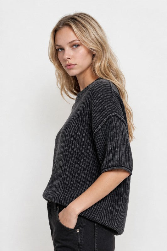 Washed Raw Edge Short Sleeve Sweater Top | Charcoal