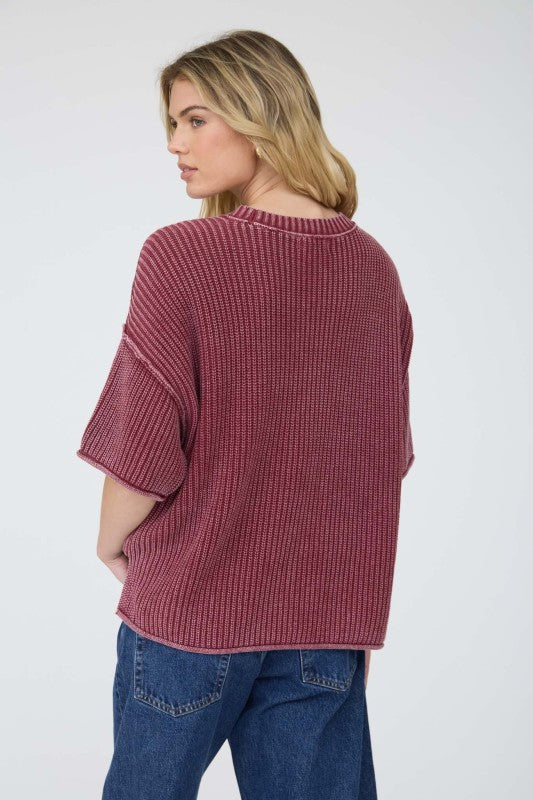 Washed Raw Edge Short Sleeve Sweater Top | Burgundy