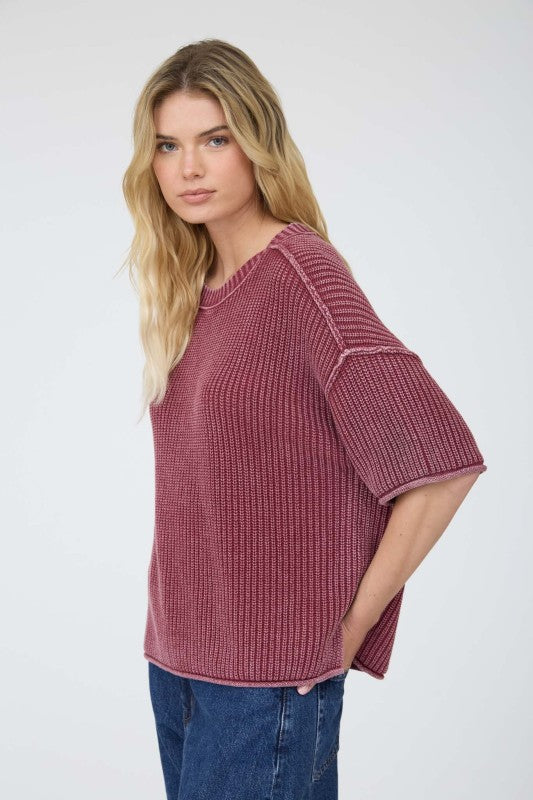 Washed Raw Edge Short Sleeve Sweater Top | Burgundy