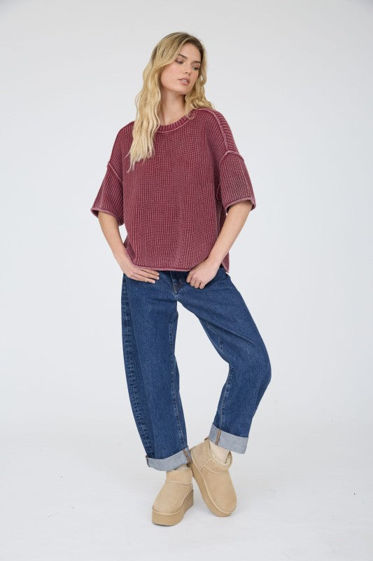 Washed Raw Edge Short Sleeve Sweater Top | Burgundy