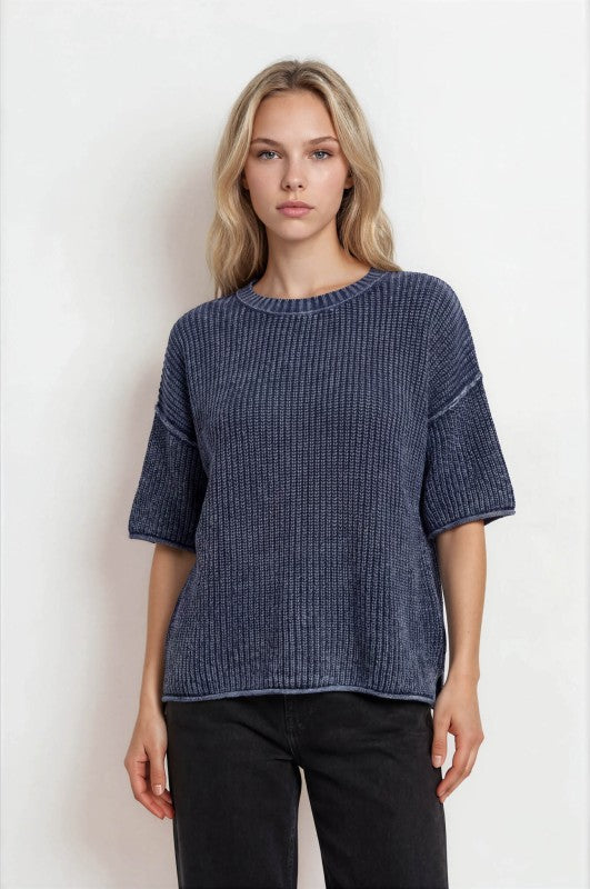 Washed Raw Edge Short Sleeve Sweater Top | Navy