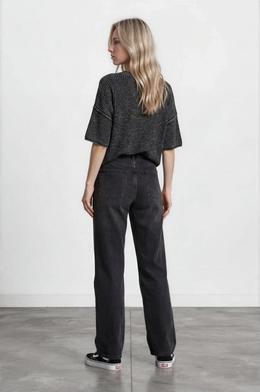 Washed Raw Edge Short Sleeve Sweater Top | Charcoal