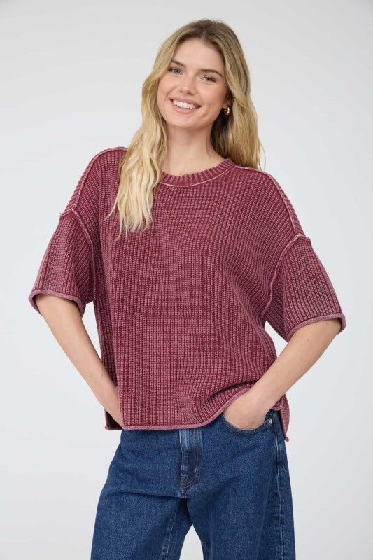 Washed Raw Edge Short Sleeve Sweater Top | Burgundy