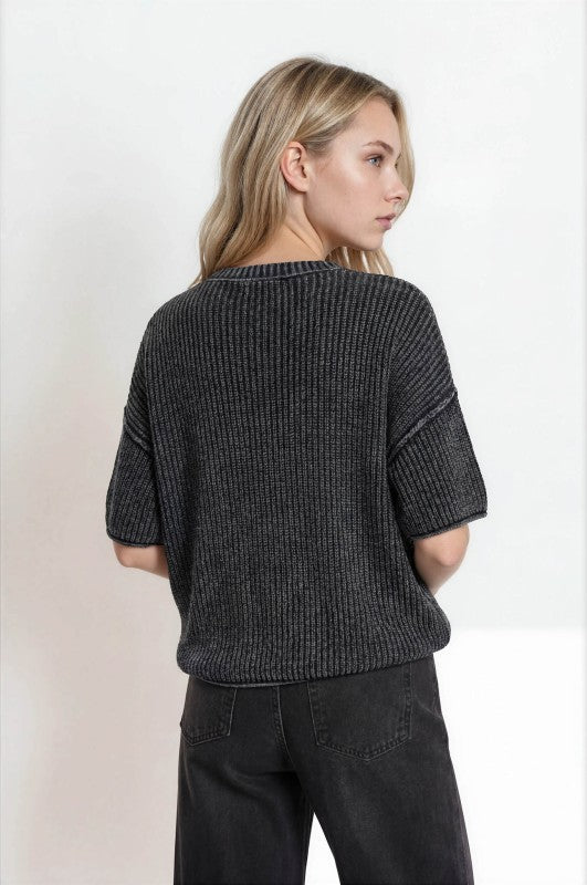 Washed Raw Edge Short Sleeve Sweater Top | Charcoal
