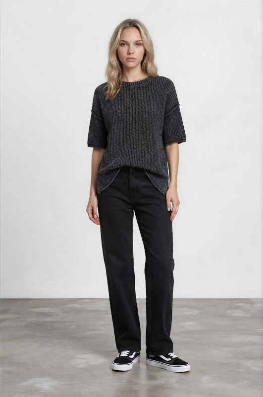 Washed Raw Edge Short Sleeve Sweater Top | Charcoal