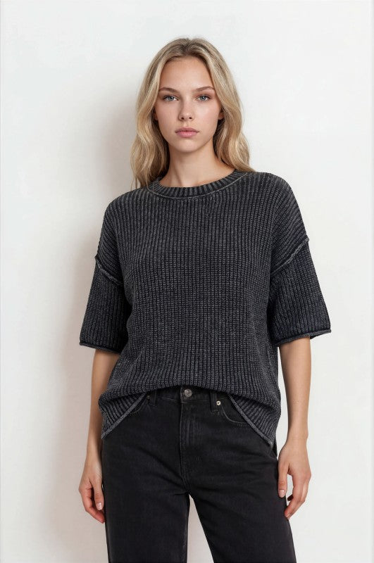 Washed Raw Edge Short Sleeve Sweater Top | Charcoal