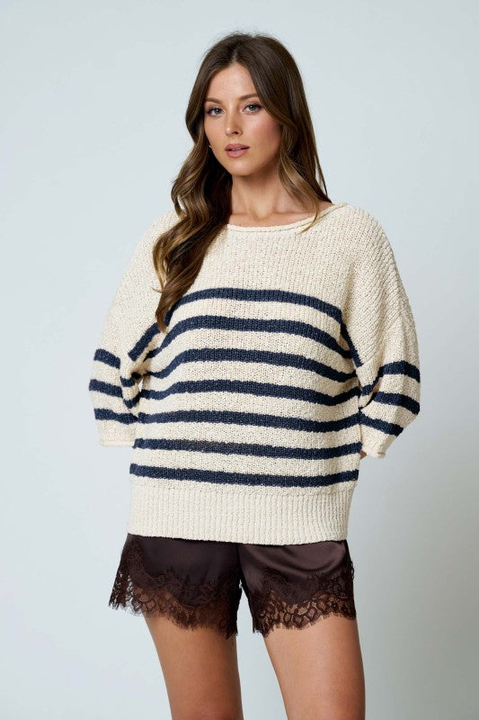 Stripe Textured Knit Half Sleeve Sweater Top | Navy