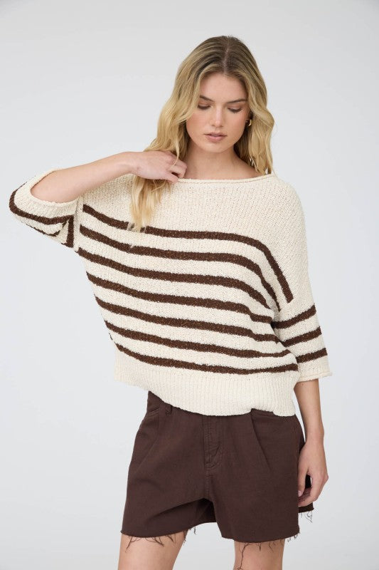 Stripe Textured Knit Half Sleeve Sweater Top | Brown