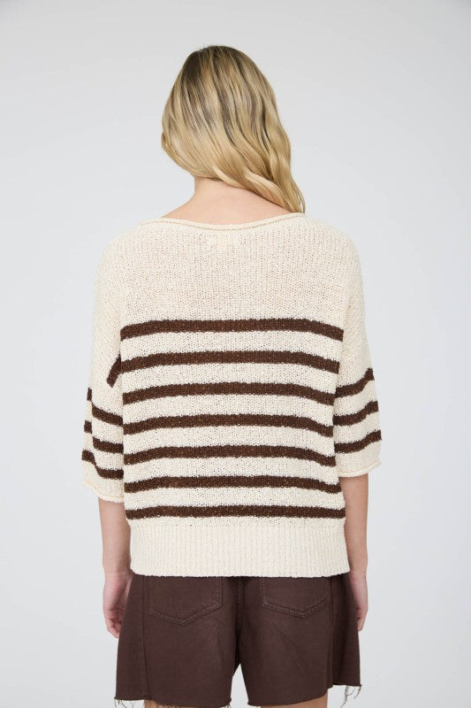 Stripe Textured Knit Half Sleeve Sweater Top | Brown