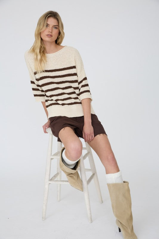 Stripe Textured Knit Half Sleeve Sweater Top | Brown