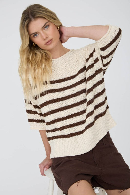Stripe Textured Knit Half Sleeve Sweater Top | Brown