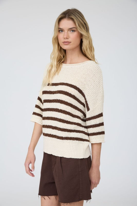 Stripe Textured Knit Half Sleeve Sweater Top | Brown