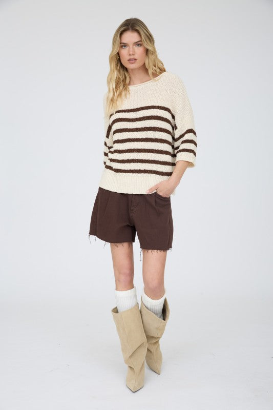 Stripe Textured Knit Half Sleeve Sweater Top | Brown