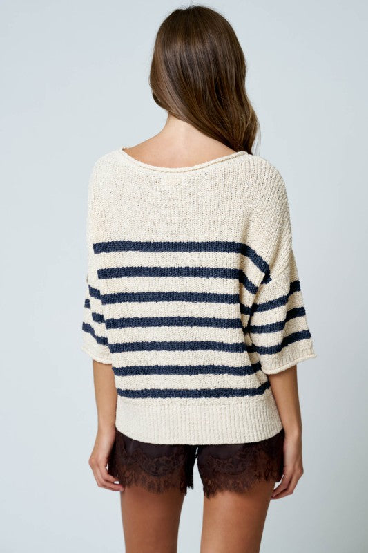 Stripe Textured Knit Half Sleeve Sweater Top | Navy