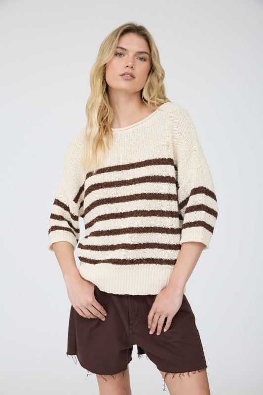 Stripe Textured Knit Half Sleeve Sweater Top | Brown