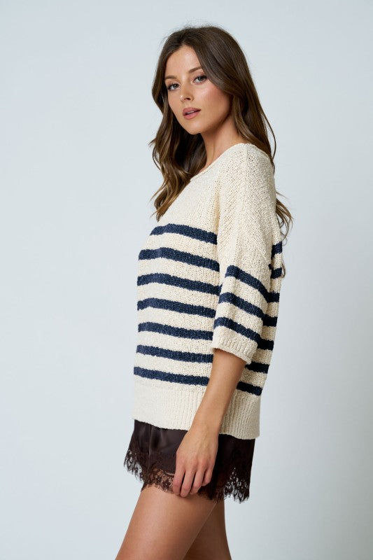 Stripe Textured Knit Half Sleeve Sweater Top | Navy