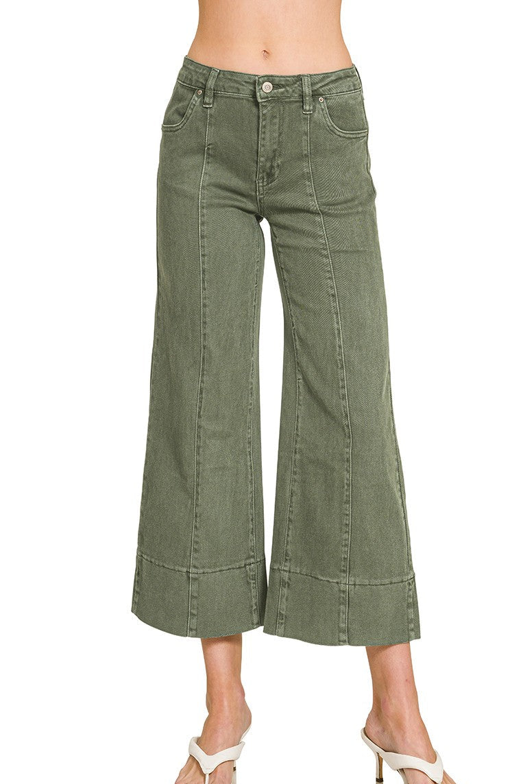 Mid Rise Cropped Wide Leg Denim Pants | Olive