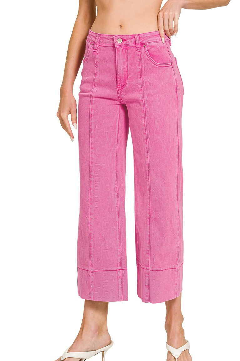 Mid Rise Cropped Wide Leg Denim Pants | Hot Pink
