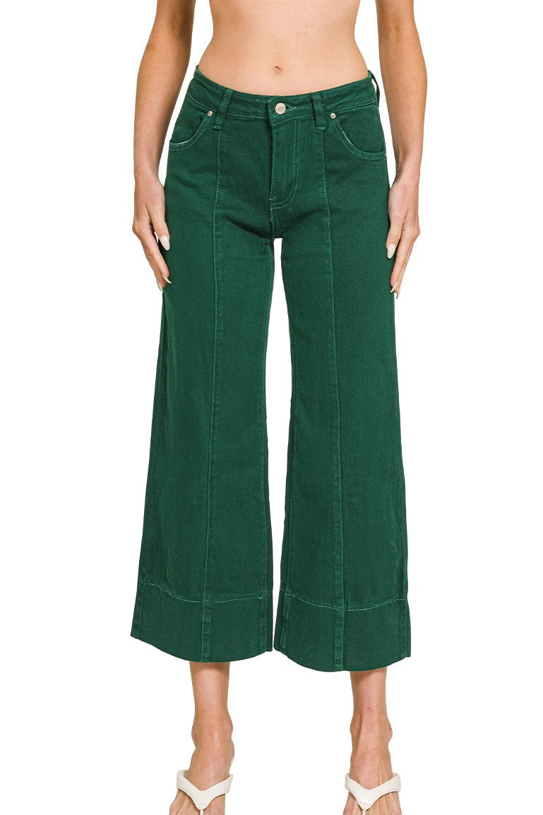 Mid Rise Cropped Wide Leg Denim Pants | Hunter Green