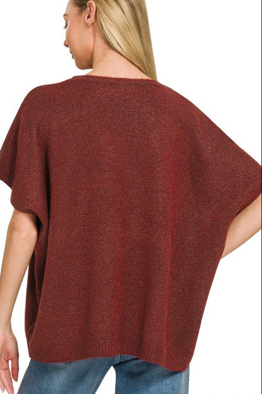 V-Neck Short Sleeve Sweater Top | Cabernet