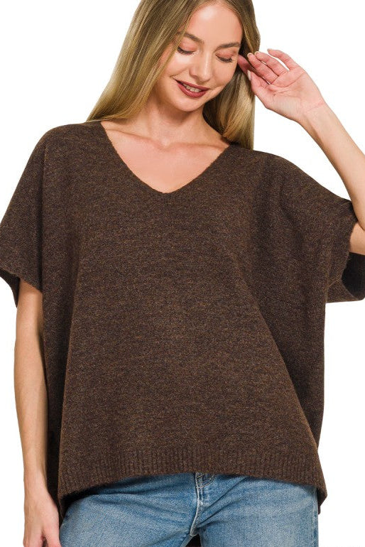 V-Neck Short Sleeve Sweater Top | Dark Brown