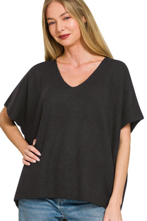 V-Neck Short Sleeve Sweater Top | Black
