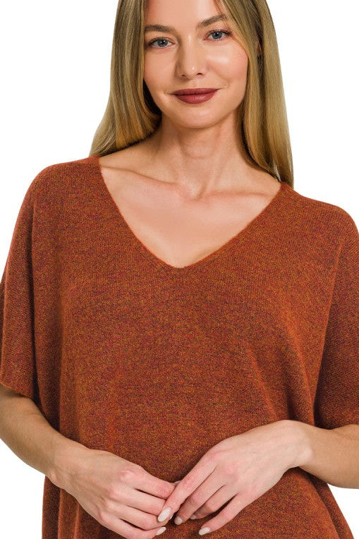 V-Neck Short Sleeve Sweater Top | Heather Rust