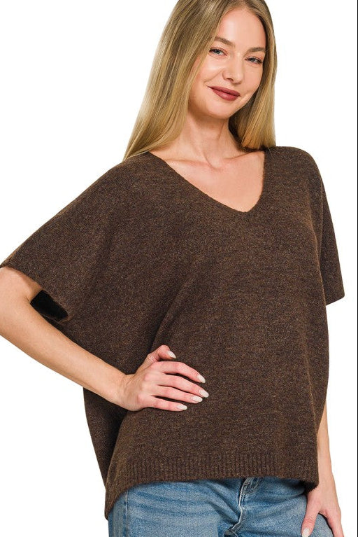 V-Neck Short Sleeve Sweater Top | Dark Brown