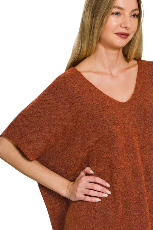 V-Neck Short Sleeve Sweater Top | Heather Rust