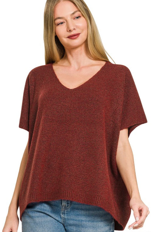 V-Neck Short Sleeve Sweater Top | Cabernet