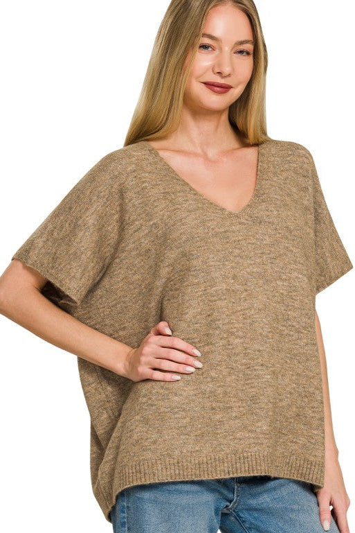V-Neck Short Sleeve Sweater Top | Heather Mocha